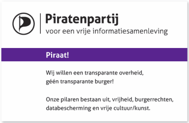 De Piratenpartij kent twee verschillende soorten visitekaartjes, een gepersonaliseerde voor bestuursleden en een algemene voor alle leden.